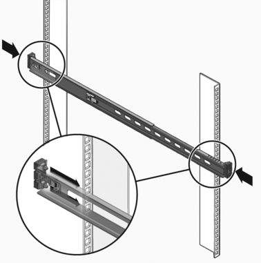 Figure showing how to attach the Express rail outer slide rail assembly to the rack