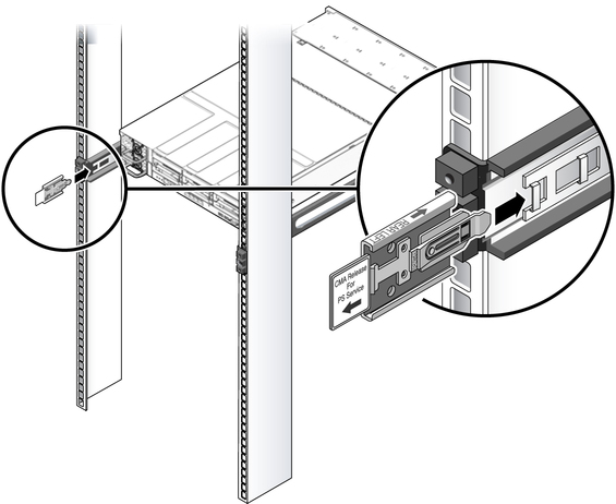 Figure showing the CMA rail extension being inserted into the rear of the left sliding rail