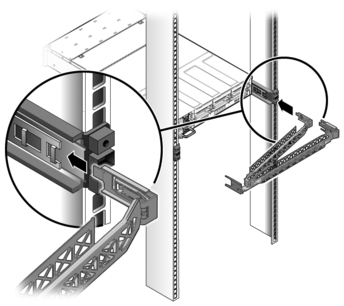 Figure showing the inner CMA connector being inserted into the end of the right mounting bracket