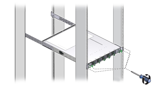 image:Figure shows the switch being secured to the rack