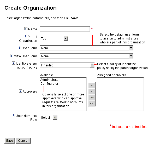 조직 생성 페이지를 사용하여 Identity Manager 조직을 설정합니다.