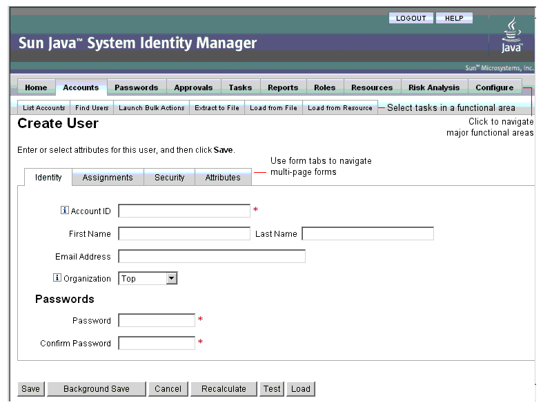 “Identity Manager 管理员界面”通过菜单选项卡、子选项卡和表单选项卡导航。