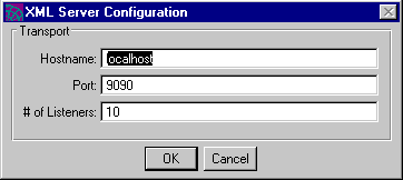 Screen capture of XML Server Configuration dialog, used to enter service object transport properties. Buttons are OK and Cancel.