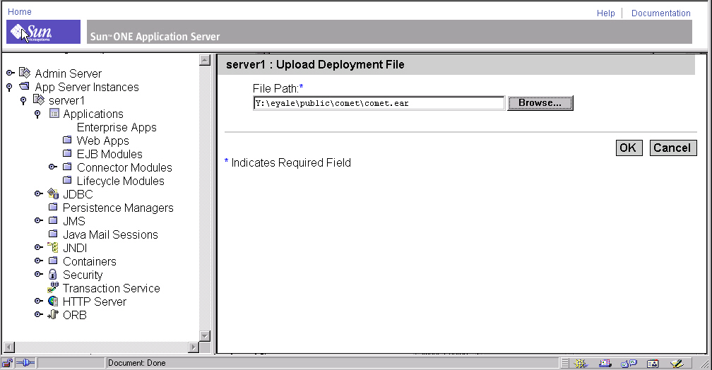 Figure shows Sun ONE Application Server Admin Server, Upload Deployment File
