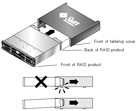 Drawing showing how to slide the RAID product into a tabletop cover.