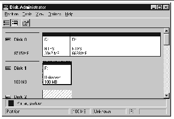 Screen capture showing Disk 1 with 100 MB Unknown displayed.