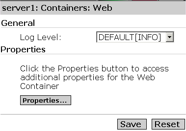 Figure shows the Web Container log level setting. 
