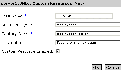 Figure shows configurable settings for the JNDI Custom Resources page. 
