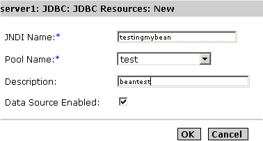 Figure shows the window  from the Administration Interface in which a new JDBC resource can be created.
