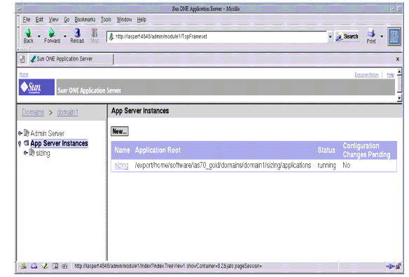 This figure shows the Sun ONE Application Server Administration interface.