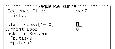 Screenshot of the SunVTS TTY Sequence Runner menu showing the Total Loops, Current Loop, and Tasks in Sequence options.