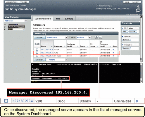 This graphic shows that a managed server appears in
the lost of managed servers in the browser interface after it has been discovered.
