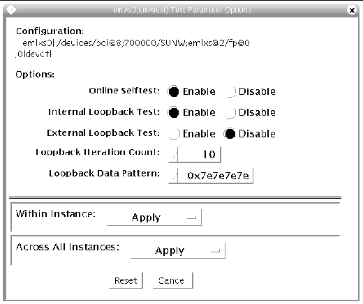 Screenshot of the emlxtest Test Parameter Options dialog box.
