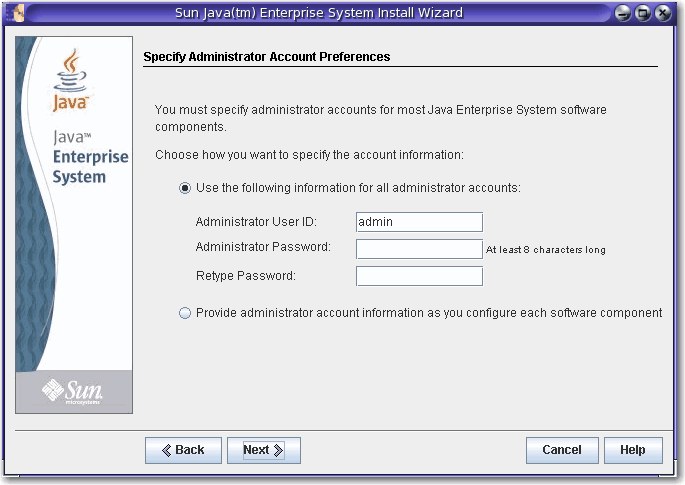 Specify Administrator Account Preferences page