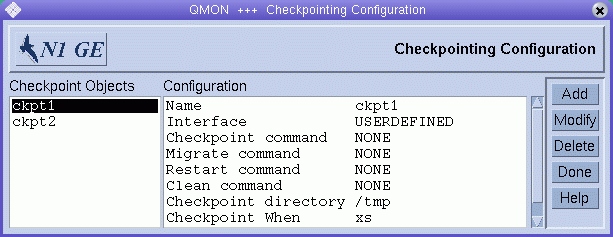 Dialog box titled Checkpointing Configuration.
Shows list of Checkpoint Objects and configurations. Shows Add, Modify,
Delete, Done, Help buttons.