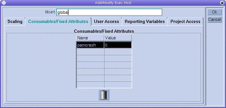 Dialog box titled Add/Modify Exec Host. Shows Consumables/Fixed
Attributes tab with pam-crash value definition. Shows Ok and Cancel buttons. 
