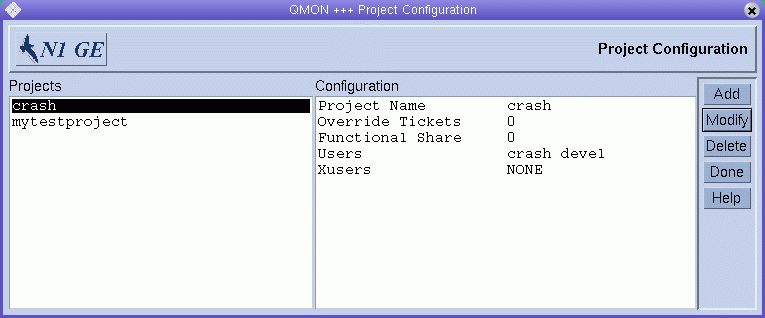 Dialog box titled Project Configuration. Shows Projects and Configuration
lists. Shows Add, Modify, Delete, Done, and Help buttons.