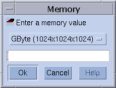 Dialog box titled Memory. Shows list of memory
values you can select. Shows Ok, Cancel, and Help buttons.