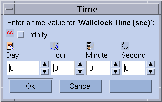 Dialog box titled Time. Shows Day, Hour, Minute,
and Second fields. Shows Ok, Cancel, and Help buttons.