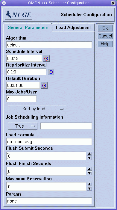 Dialog box titled Scheduler Configuration. Shows General
Parameters tab with parameters you can set. Shows Ok, Cancel, and Help buttons.