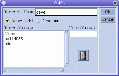 Dialog box titled QMON. Shows Userset Name and User/Group fields,
and list of Users/Groups included in the userset. Shows Ok and Cancel buttons.