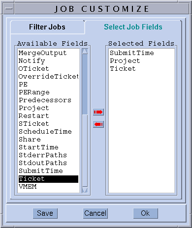 Dialog box titled Job Customize. Shows the Select
Job Fields tab with a list of available fields and a list of selected
fields.