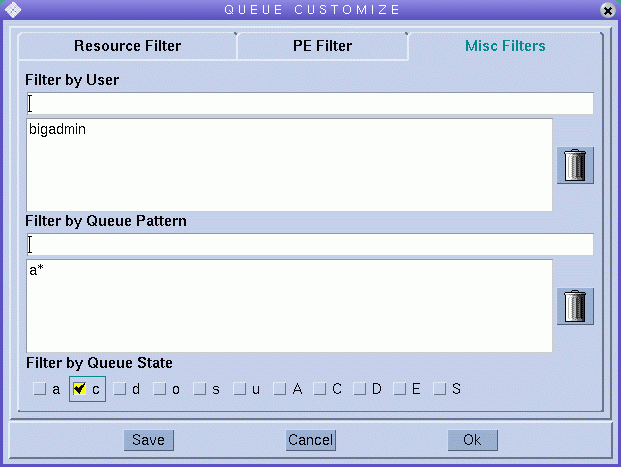 Dialog box titled Queue Customize. Shows Misc
Filters tab with User, Pattern, and State filtering options. Shows
Save, Cancel, and Ok buttons.
