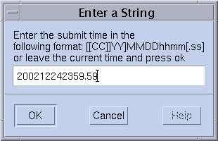 Dialog box titled Enter a String. Shows a field
where you can type a time value. Shows OK, Cancel, and Help buttons.