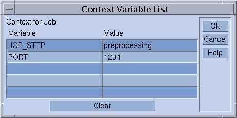 Dialog box titled Context Variable List. Shows
list of context variables and their values. Shows Clear, Ok, Cancel,
and Help buttons.