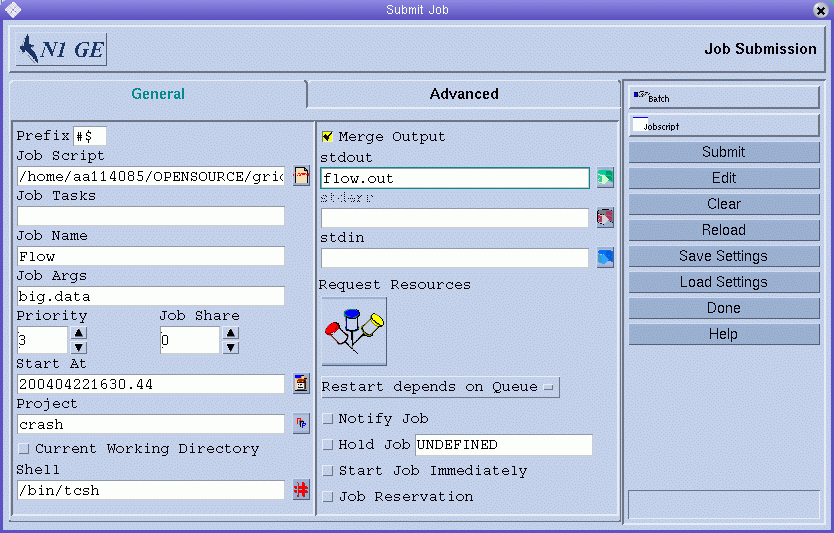 Dialog box titled Submit Job. Shows the General
tab. The previous section describes the parameters and buttons that
are shown.