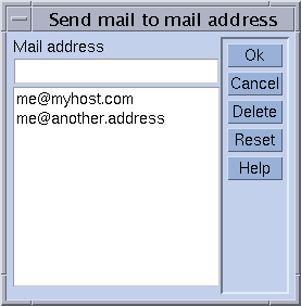 Dialog box titled Send mail to mail address.
Shows list of mail addresses and a data entry field. Shows Ok, Cancel,
Delete, Reset, and Help buttons.