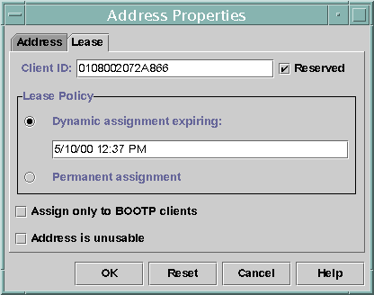 El cuadro de diálogo muestra la ficha Lease, que incluye el campo Client ID, la casilla Reserved y parámetros para Lease Policy, clientes BOOTP y Address is unusable.