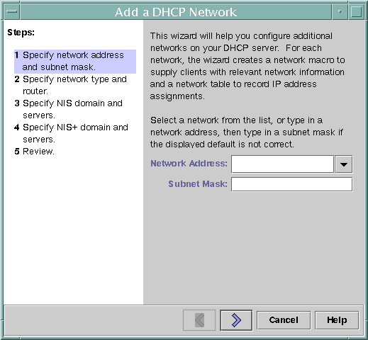 El cuadro de diálogo muestra una lista desplegable Network Address y un campo Subnet Mask con una flecha de selección derecha. También se muestran los botones Cancel y Help.