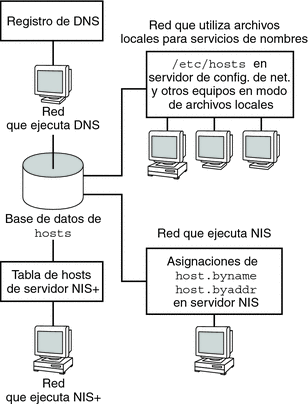 Esta figura muestra los distintos modos en que los servicios de nombres DNS, NIS, NIS+ y los archivos locales guardan la base de datos de hosts.