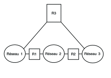 Le diagramme présente la topologie de trois réseaux connectés par deux routeurs.