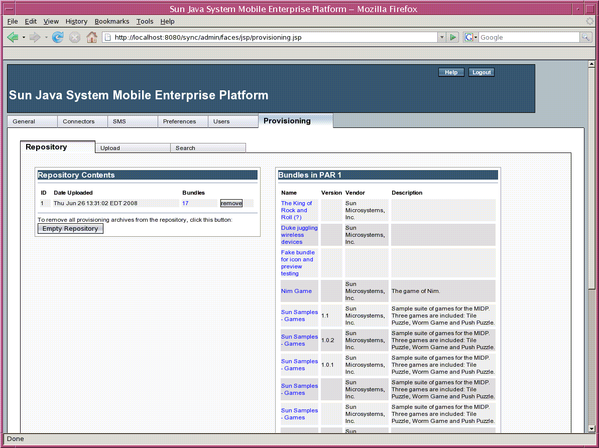 Screen shot of Repository sub-tab of Provisioning tab