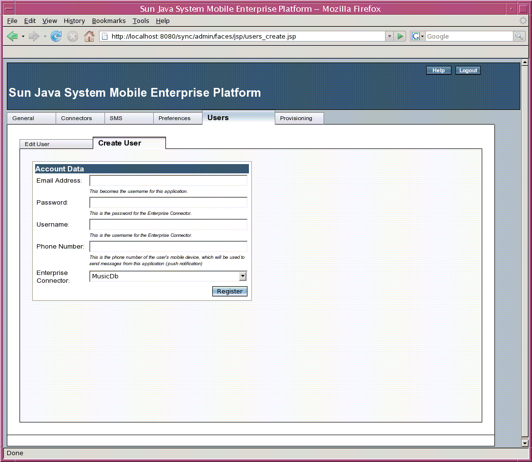 Screen shot of Create User sub-tab of Users tab