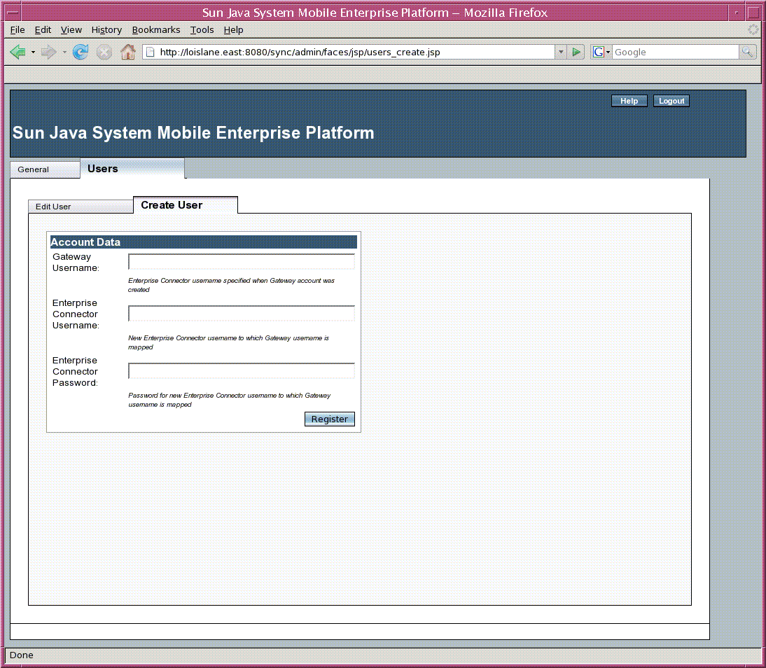 Screen shot of Create User sub-tab of Users Tab on Enterprise
Tier