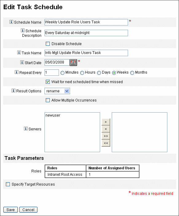Figura que muestra el formulario de la tarea programada Actualizar roles de usuario