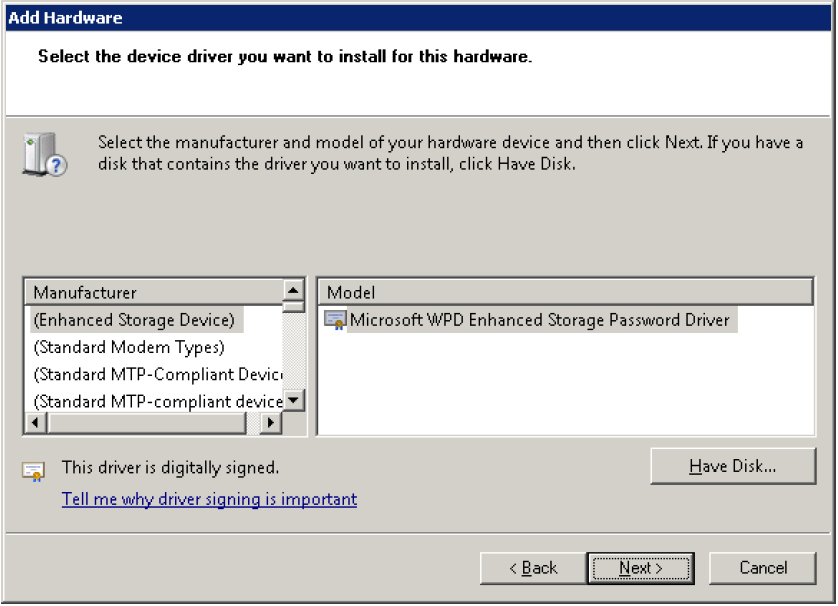 image:Hardware Wizard asking to select device driver.