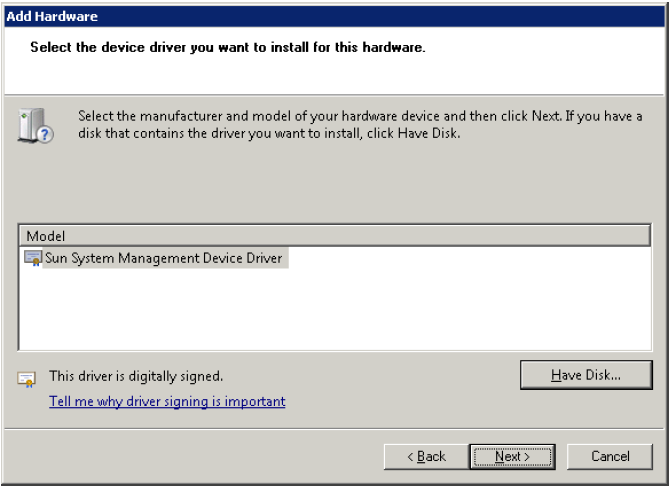 image:Hardware Wizard screen showing Oracle System Management Device Driver as an option.