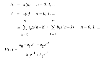 Equation that represents the biquad IIR filtering.