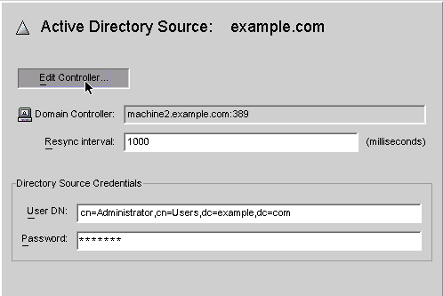 image:Use this panel to change any of the server parameters, specify a resync interval, or change the required directory source credentials.
