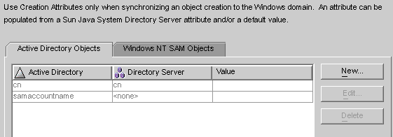 image:Use this dialog box to map Active Directory creation attributes to Directory Server.