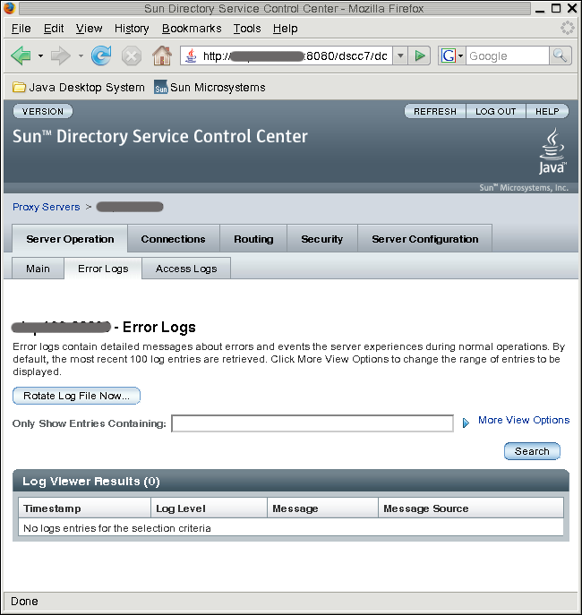 image:Screen capture shows the error log for Directory Proxy Server. The error log entries are listed in a table.
