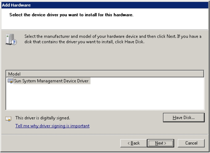 image:Hardware Wizard screen showing Sun System Management Device Driver as an option.