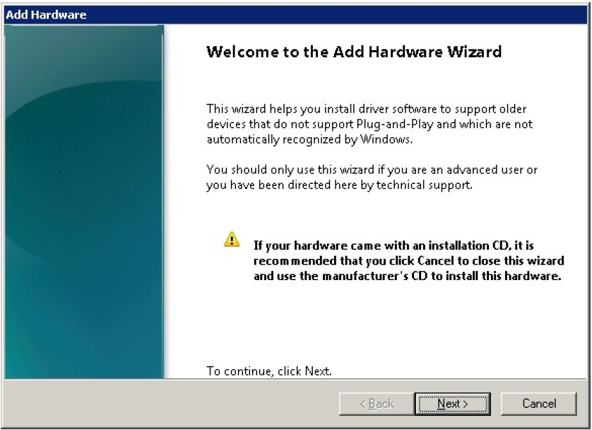image:Graphic showing the Welcome screen for Hardware Wizard.