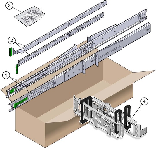 image:Figure showing the contents of the sliding rail 19-inch 2-post kit.