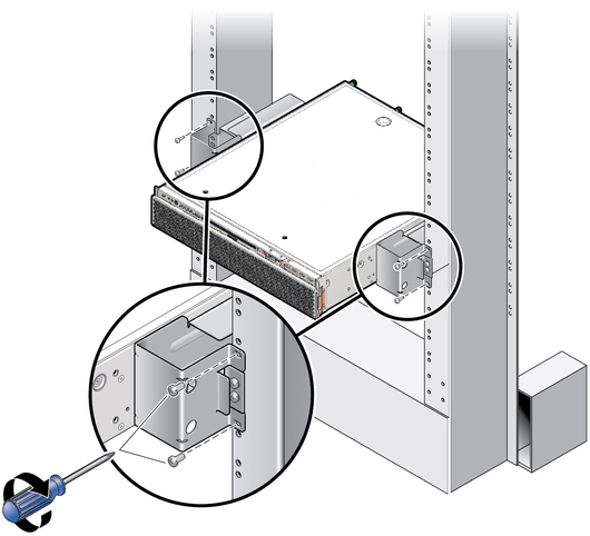 image:Figure showing how to secure the server in the two-post rack.