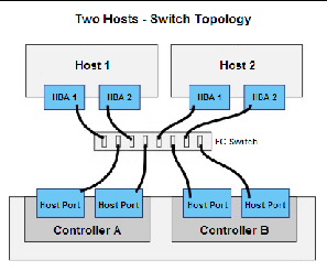 Diagram showing connections between two hosts through a switch to a dual controller-drive tray.